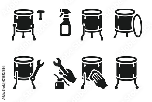 Drum Maintenance Icons. Solid, filled icon set of floor tom maintenance: tuning, cleaning, head replacement, lug tightening, leg adjustment, shell polishing,
