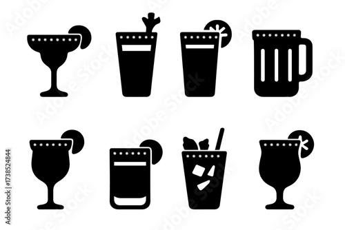 Salt Rim Cocktail Icons. Solid, filled icon set of cocktails with salt rim: margarita, bloody mary, tequila sunrise, michelada, paloma, salted rim mojito,