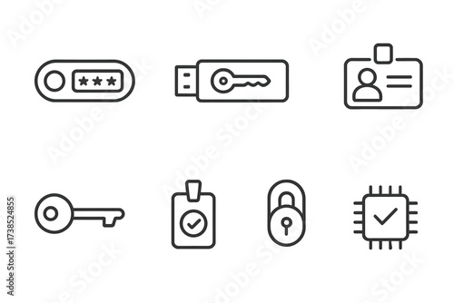 Authentication Token Icons. Outline icon set of authentication tokens: hardware token, USB key, smart card, security badge, digital key, access pass,