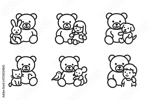 Teddy Companions Outline Icons. Outline icon set of teddy bear companions: teddy with bunny, teddy with doll, teddy with puppy, teddy with kitten, teddy with