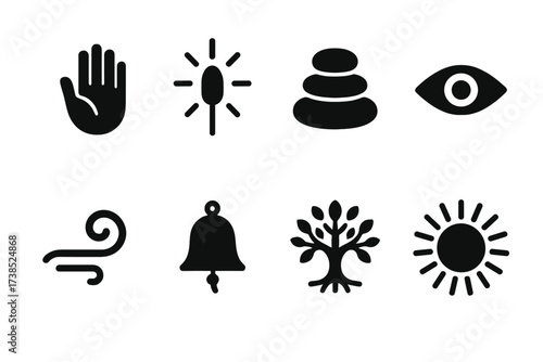 Spiritual Icon Set. Solid, filled icon set of spiritual guide: open palm, guiding light, path stone, eye symbol, wind swirl, harmony bell, sacred tree, sun