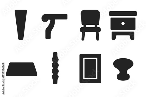 Wooden Furniture Icons. Solid, filled icon set of wooden furniture parts: leg, armrest, backrest, drawer, tabletop, spindle, panel, knob. [Line icons in only