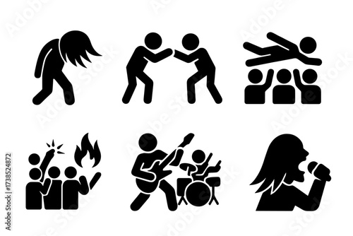 Metal Music Icons. Solid, filled icon set of metal performance elements: headbanging, mosh pit, stage diving, pyrotechnics, crowd surfing, guitar solo, drum