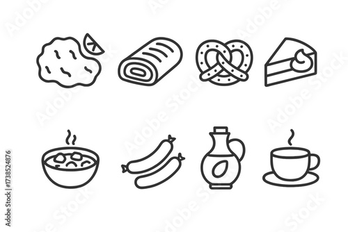 Austrian Cuisine Icons. Outline icon set of Austrian cuisine: Wiener schnitzel, apple strudel, pretzel, sachertorte, goulash, sausages, pumpkin seed oil,