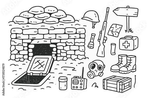 Bunker Essentials Icons. Bunker. Hand-drawn doodle illustration bunker fortified wall, entrance hatch, sandbag pile, rifle, helmet, flashlight, map, first aid