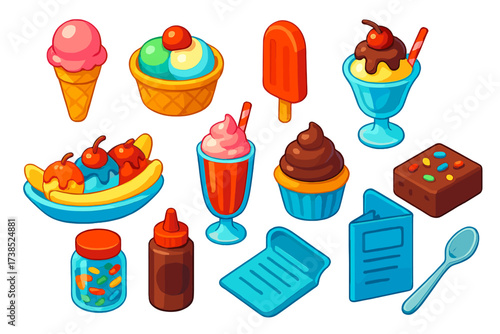 Vibrant Ice Cream Icons. Isometric vector illustration set Ice Cream Parlor: ice cream cone, waffle bowl, popsicle, sundae glass,