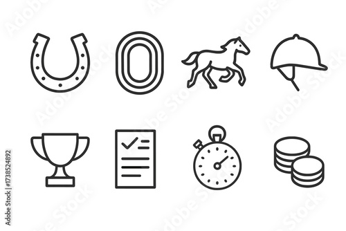 Race Day Icon Set. Outline icon set of race day: horseshoe, race track, racehorse, jockey helmet, trophy cup, betting slip, stopwatch, coins. Line icons in