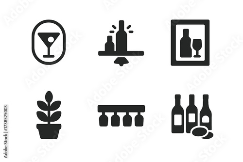 Bar Shelf Icons. Solid, filled icon set of bar shelf decoration: neon sign, shelf lighting, vintage poster, plant pot, wooden shelf, glass rack, bottle labels,