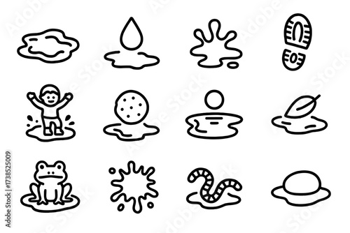 Mud Puddle Icons. Mud puddle. Line icon set of Mud puddle: muddy water, rain drop, splash, boot print, child jumping, mud ball, puddle reflection, leaf