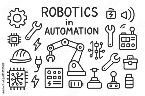 Robotics Doodle Icons. Hand-drawn doodle illustration Robotics in automation robot arm, gear, conveyor belt, control panel, circuit board, wrench, safety