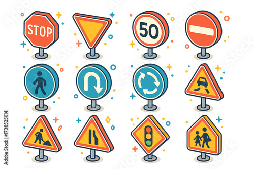 Colorful Traffic Sign Icons. Traffic signs. Colorful isometric vector icons set of traffic signs: stop sign, yield sign, speed limit, no entry, pedestrian