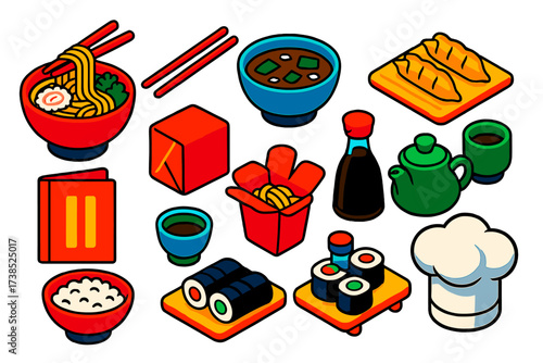 Noodle Shop Icons. Isometric vector illustration set Noodle Shop: ramen bowl, chopsticks, miso soup, gyoza plate, tea pot, tea cup