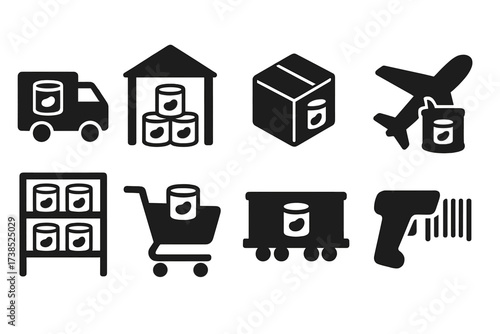 Canned Goods Logistics. Solid, filled icon set of canned beans distribution: delivery truck, warehouse, shipping box, airplane cargo, freight train, store