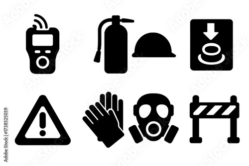 Fuel Cell Safety Icons. Solid, filled icon set of fuel cell safety equipment: gas detector, fire extinguisher, safety helmet, emergency shutoff, warning sign,