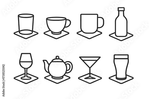 Outline Coaster Icon Set. Outline icon set of coaster uses: drink coaster, cup coaster, mug coaster, bottle coaster, wine glass coaster, teapot coaster,