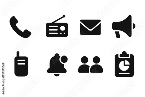 Communication Icon Set. Solid, filled icon set of collapse communication: phone, radio, email, megaphone, walkie-talkie, notification, meeting, report. [Solid,