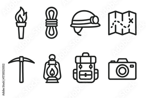 Crypt Explorer Icons. Outline icon set of crypt explorers: torch, rope, helmet, map, pickaxe, lantern, backpack, camera. Line icons in only black color,