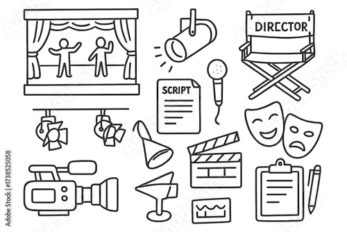 Live Performance Icons. Hand-drawn doodle illustration Live stage performance stage, spotlight, actors, director?s chair, microphone, script, megaphone,