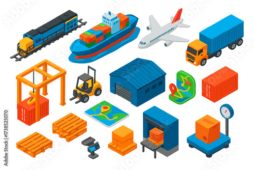 Freight Transport Icons. Isometric vector illustration set Freight Transport: cargo train, freight ship, cargo plane, semi truck,