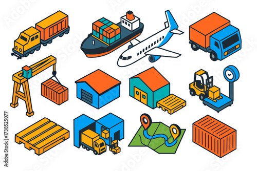 Freight Transport Icons. Isometric vector illustration set Freight Transport: cargo train, freight ship, cargo plane, semi truck,