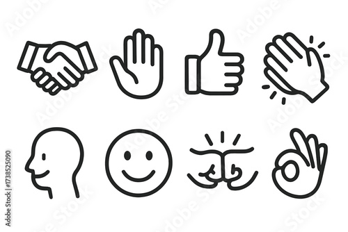 Approval Gestures Icons. Solid, filled icon set of approval gestures: handshake, high five, thumbs up, clapping, nodding, smiling face, fist bump, OK sign.