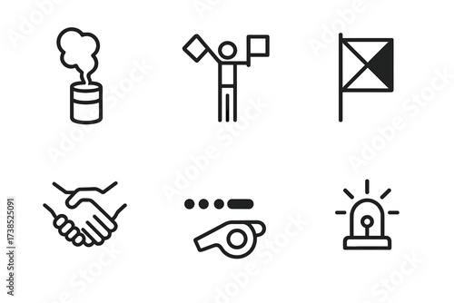 Secret Signals Icons. Outline icon set of secret signals: smoke signal, flashlight, semaphore, coded flag, secret handshake, morse code, whistle, blinking