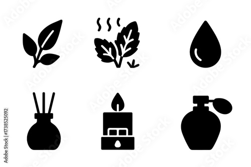 Eucalyptus Icon Set. Solid, filled icon set of eucalyptus scents: fresh leaf, minty aroma, herbal fragrance, essential oil drop, diffuser, candle, wax melt,
