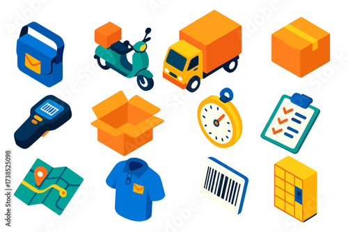 Courier Service Icons. Isometric vector illustration set Courier Service: courier bag, scooter, small truck, package box, handheld