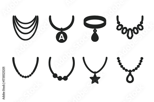 Necklace Icon Collection. Solid, filled icon set of necklace fashion trends: layered necklaces, personalized pendants, chokers, statement pieces, delicate