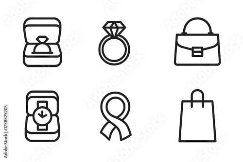 Luxury Gifts Icons. Outline icon set of luxury gifts: jewelry box, diamond ring, perfume bottle, designer handbag, watch box, silk scarf, gift card, luxury