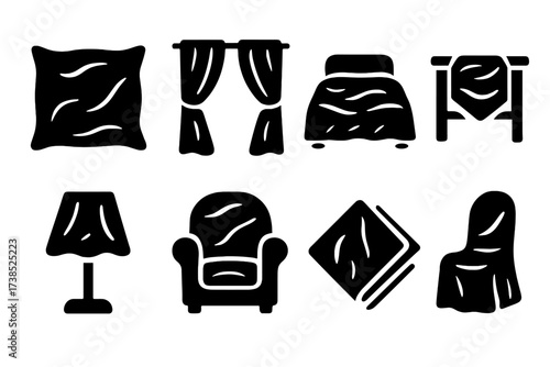 Satin Home Decor Icons. Solid, filled icon set of satin home decor: satin pillow, satin curtains, satin bedspread, satin table runner, satin lampshade, satin