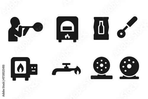 Glass Crafting Tools. Solid, filled icon set of glass crafting tools: glass blower, kiln, furnace, mold, cutting wheel, annealing oven, torch, polishing wheel.