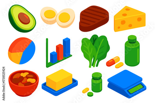 Low Carb Diet Icons. Isometric vector illustration set Low Carb Diet: avocado, eggs, grilled steak, cheese slice, macro diagram,