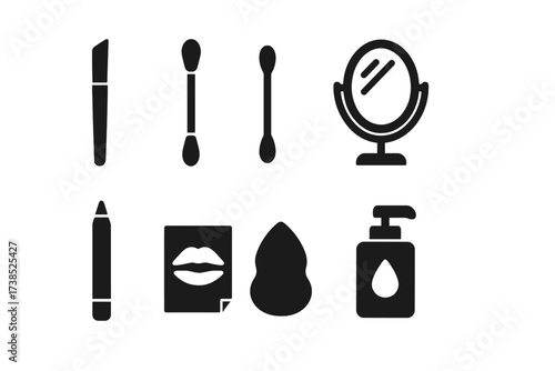 Lipstick Tools Icons. Solid, filled icon set of lipstick application tools: lip brush, applicator wand, cotton swab, mirror, lip liner, blotting paper, makeup