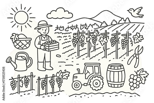 Vineyard Doodle Icons. Hand-drawn doodle illustration Vineyard landscape vine rows, grape clusters, trellis, soil, sun, farmer, tractor, basket, watering can,