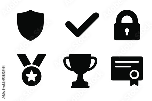 Durability Icon Set. Solid, filled icon set of durability symbols: shield, checkmark, lock, badge, medal, trophy, star, certificate. [Solid, filled icons in