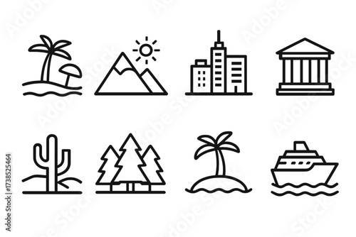 Travel Icon Collection. Outline icon set of popular travel destinations: beach, mountain, city skyline, historical monument, desert, forest, island, cruise