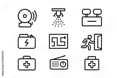 Bunker Emergency Icons. Outline icon set of bunker emergency systems: fire alarm, sprinkler system, emergency lighting, backup power, evacuation