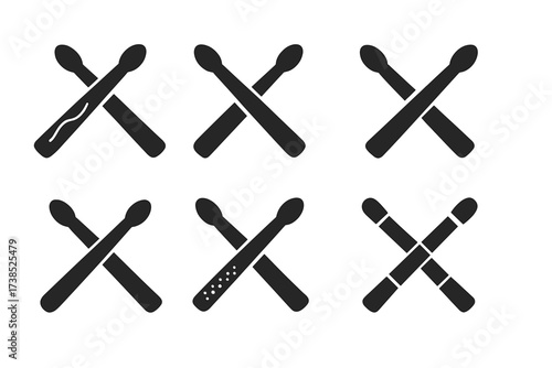 Drumstick Material Icons. Solid, filled icon set of drumsticks materials: hickory wood, maple wood, oak wood, synthetic material, carbon fiber, aluminum,