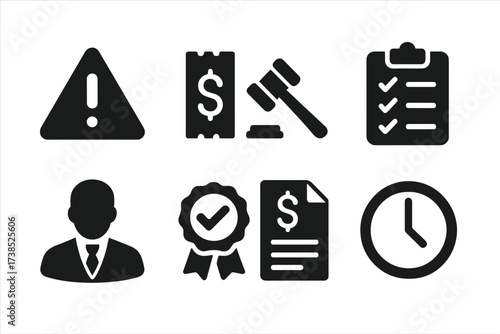 Tax Compliance Icons. Solid, filled icon set of tax penalties and compliance: warning sign, fine ticket, court gavel, audit checklist, tax lawyer, compliance