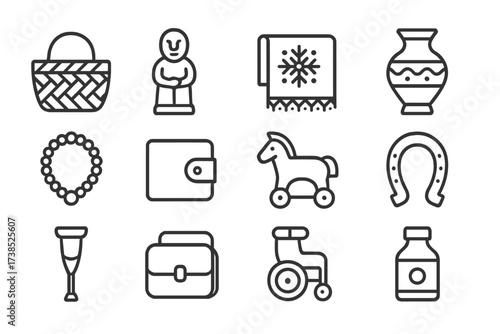 Versatile Icon Collections. Outline icon set of local crafts and goods: woven basket, hand-carved figurine, embroidered cloth, pottery vase, bead necklace,