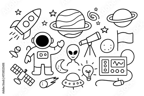 Space Doodle Icons. Hand-drawn doodle illustration space explore rocket, astronaut, planet, stars, telescope, satellite, moon, galaxy, UFO, space helmet,