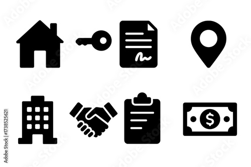 Real Estate Icon Set. Solid, filled icon set of real estate agency: house, key, contract, map marker, building, handshake, clipboard, money. [Line icons in