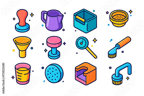 Colorful Barista Tools Icons. Barista tools. Colorful isometric vector icons set of barista tools: tamper, milk frothing pitcher, knock box, espresso basket,