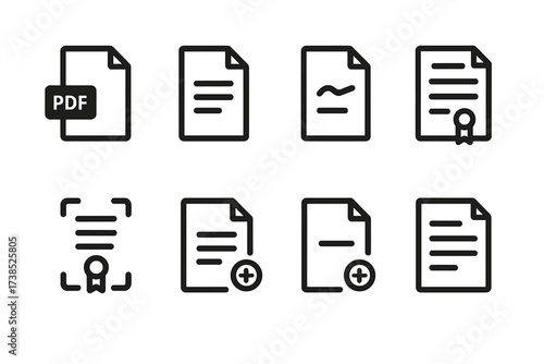 Icon Set_ Contract Types. Solid, filled icon set of contract document types: PDF file, Word document, handwritten note, printed contract, scanned copy,
