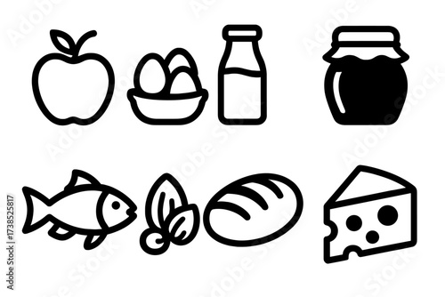 Local Food Icons. Solid, filled icon set of local food products: organic apple, farm eggs, milk bottle, homemade jam, fresh fish, nuts, homemade bread, cheese