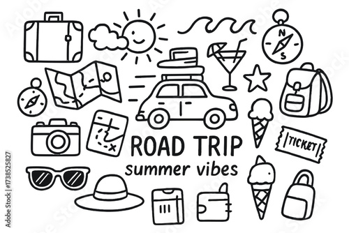 Summer Road Trip Doodle. Hand-drawn doodle illustration Road trip summer vibes car, suitcase, map, compass, camera, sunglasses, hat, backpack, cocktail glass,