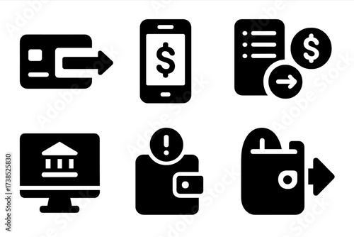 Online Banking Icons. Solid, filled icon set of online banking: debit card login, mobile app, transaction history, instant transfer, bank login screen, digital