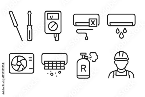 Air Conditioner Icons. Outline icon set of air conditioner repair and troubleshooting: screwdriver, multimeter, error code, leaking water, broken fan, clogged