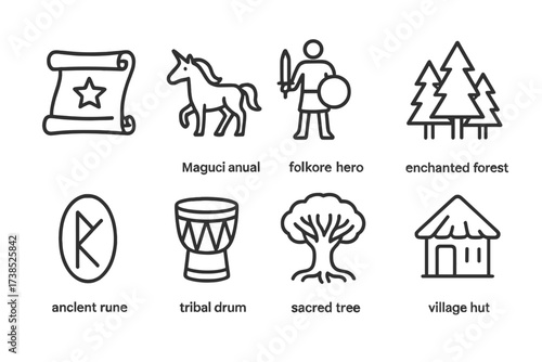 Folklore Icon Set. Outline icon set of legendary folklore: mythical scroll, magical animal, folklore hero, enchanted forest, ancient rune, tribal drum, sacred